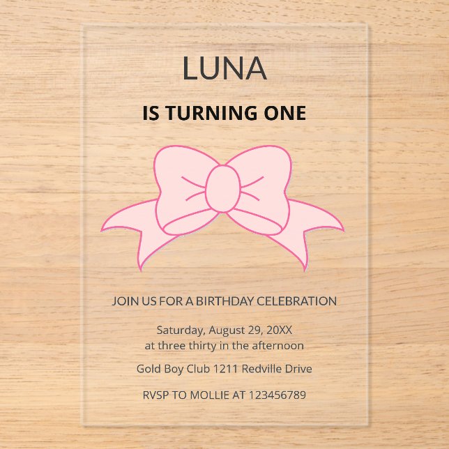 Invitaciones Acrílicas Pink Bow Girl Kids 1st Birthday  (Anverso)