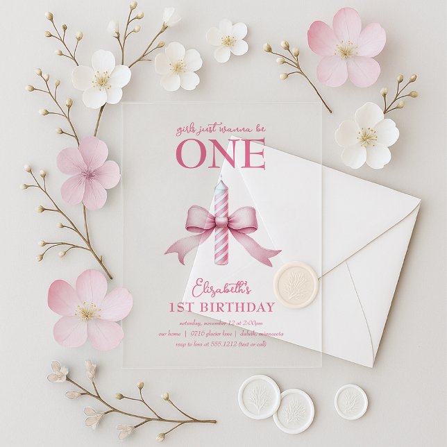 Invitaciones Acrílicas Pink Bow Girls Just Wanna Be One 1st Birthday  (Pink Bow Girls Just Wanna Be One 1st Birthday Acrylic Invitations)