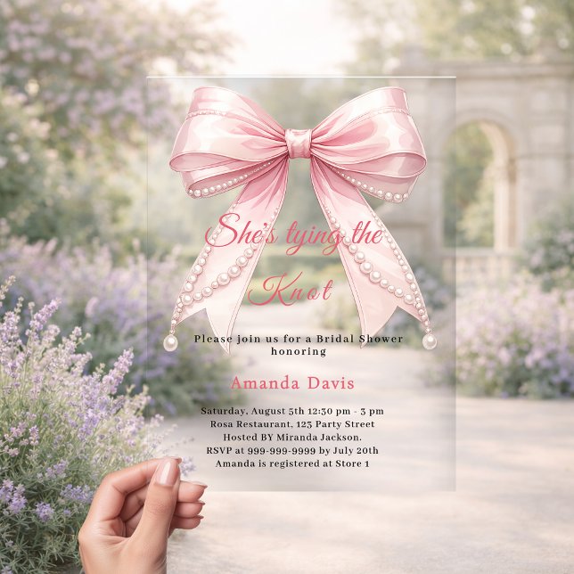 Invitaciones Acrílicas Pink bow pearl tying the knot luxury Bridal Shower (Subido por el creador)