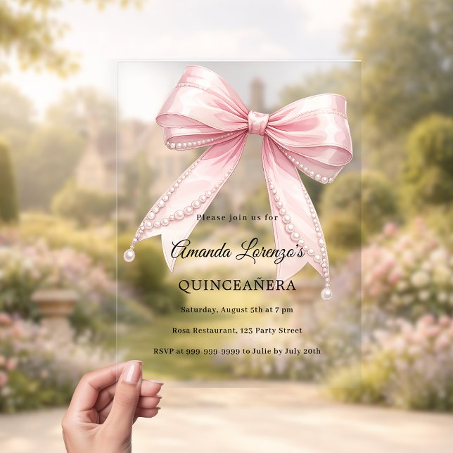 Invitaciones Acrílicas Pink bow pearls elegant Quinceanera luxury clear (Subido por el creador)