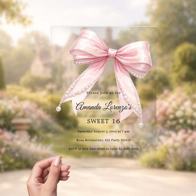 Invitaciones Acrílicas Pink bow pearls elegant Sweet 16 luxury clear (Subido por el creador)