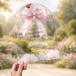 Invitaciones Acrílicas Pink bow pearls florals girl clear Baptism arch