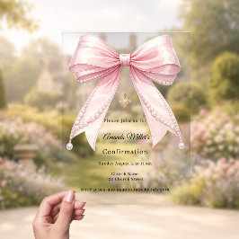 Invitaciones Acrílicas Pink bow pearls girl elegant luxury Confirmation