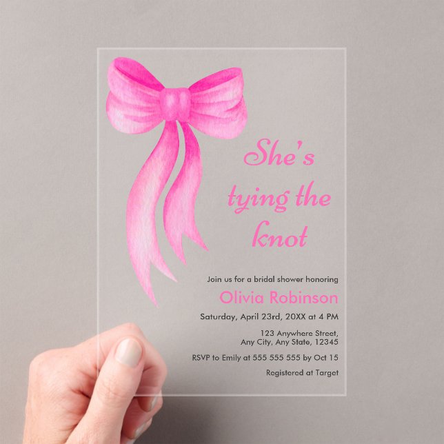 Invitaciones Acrílicas Pink Bow She's Tying the Knot Bridal Shower  (Insitu (portátil))