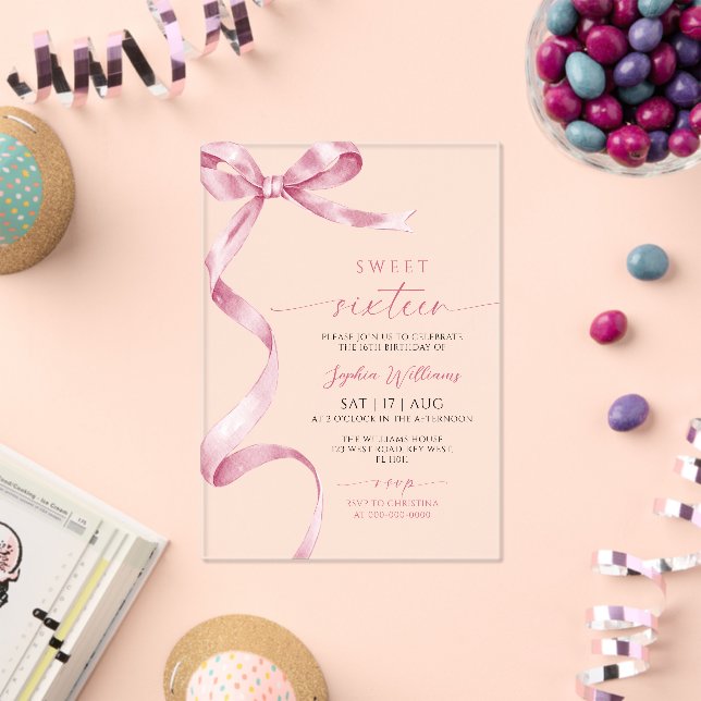 Invitaciones Acrílicas Pink Bow Sweet 16 Birthday  (Insitu (Celebración))