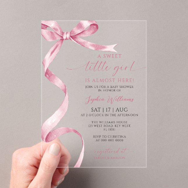 Invitaciones Acrílicas Pink Bow Sweet Little Girl Baby Shower (Insitu (portátil))