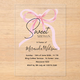 Invitaciones Acrílicas Pink Bow Sweet Sixteen Birthday Acrylic Invitation