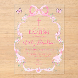 Invitaciones Acrílicas Pink Bow Wildflower Butterfly Baptism Christening