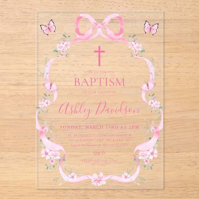 Invitaciones Acrílicas Pink Bow Wildflower Butterfly Baptism Christening (Anverso)