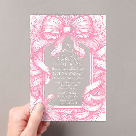 Invitaciones Acrílicas Pink Coquette Bow Ribbon Toile de Jouy Baby Shower
