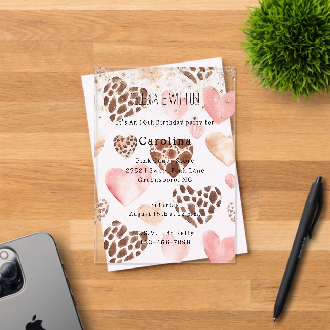 Invitaciones Acrílicas Pink Cream Animal Hearts Gold Sparkle Birthday (Insitu (Tarjeta de Invitación))