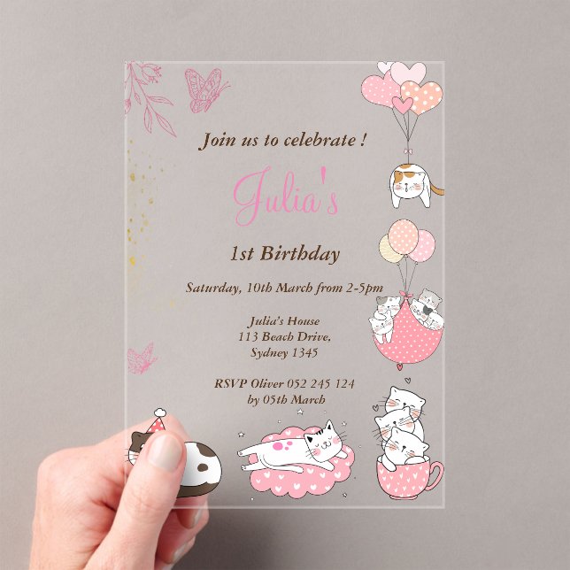 Invitaciones Acrílicas Pink Cute cats 1º cumpleaños (Insitu (portátil))