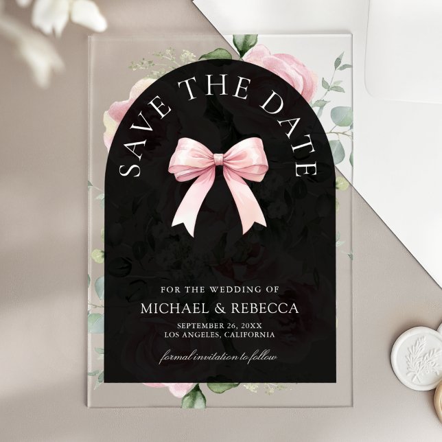 Invitaciones Acrílicas Pink Floral Bow Black Wedding Save the Date (Subido por el creador)