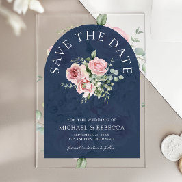 Invitaciones Acrílicas Pink Floral Eucalyptus Navy Wedding Save the Date