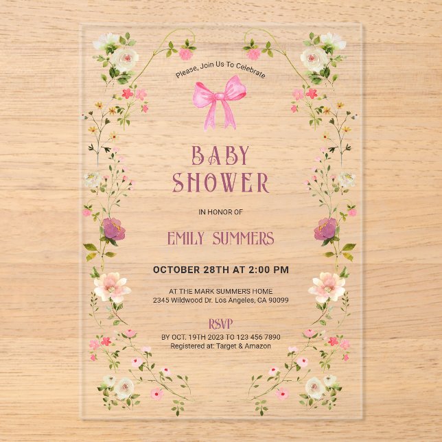 Invitaciones Acrílicas Pink Floral Frame Baby Shower Invitation (Anverso)