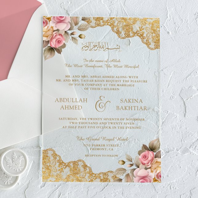Invitaciones Acrílicas Pink Floral Gold Lace Muslim Wedding (Subido por el creador)