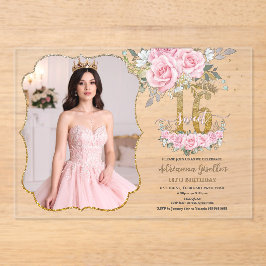 Invitaciones Acrílicas Pink Floral Gold Sweet Sixteen 16th Birthday Photo