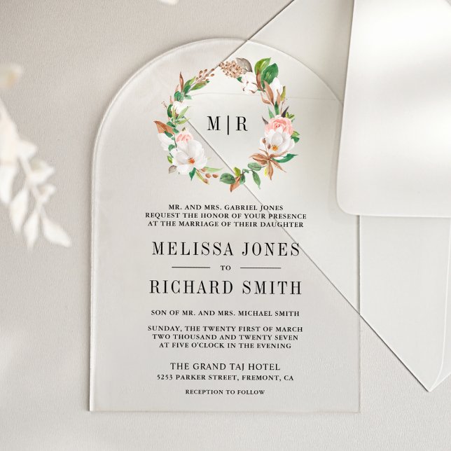 Invitaciones Acrílicas Pink Floral Magnolia Monogram Wedding   (Subido por el creador)