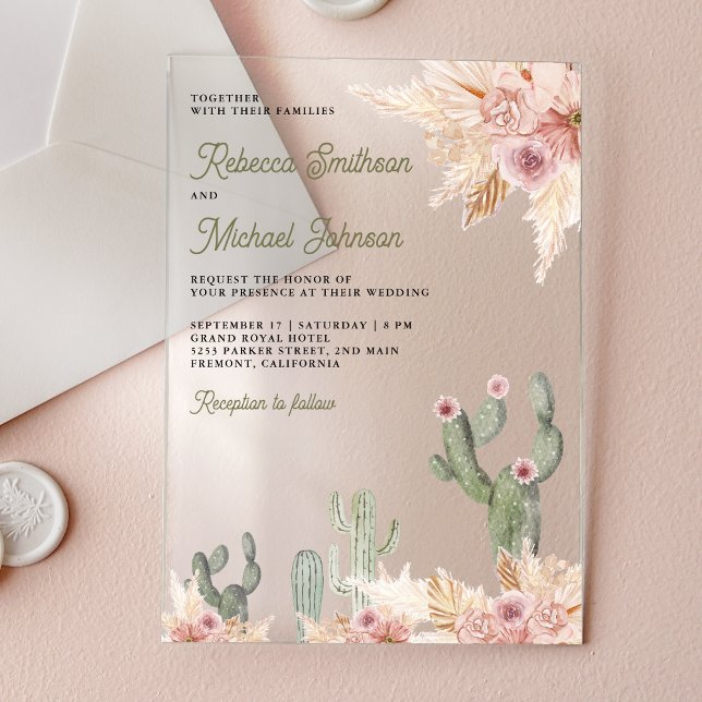 Invitaciones Acrílicas Pink Floral Pampas Cactus Wedding (Subido por el creador)