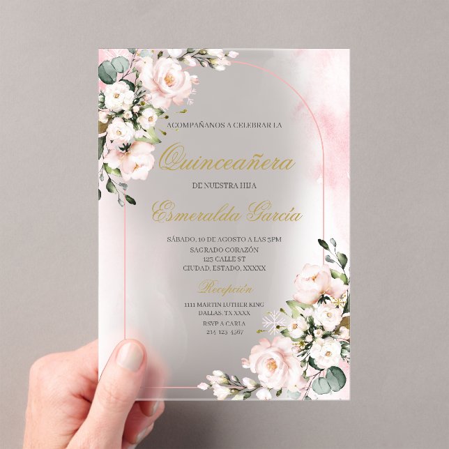 Invitaciones Acrílicas Pink floral quinceañera (Insitu (portátil))