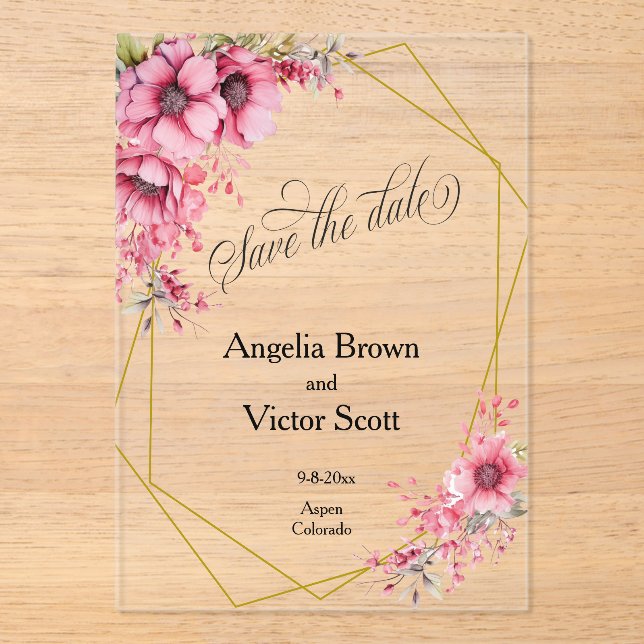 Invitaciones Acrílicas Pink Floral Save the Date Invitation (Anverso)