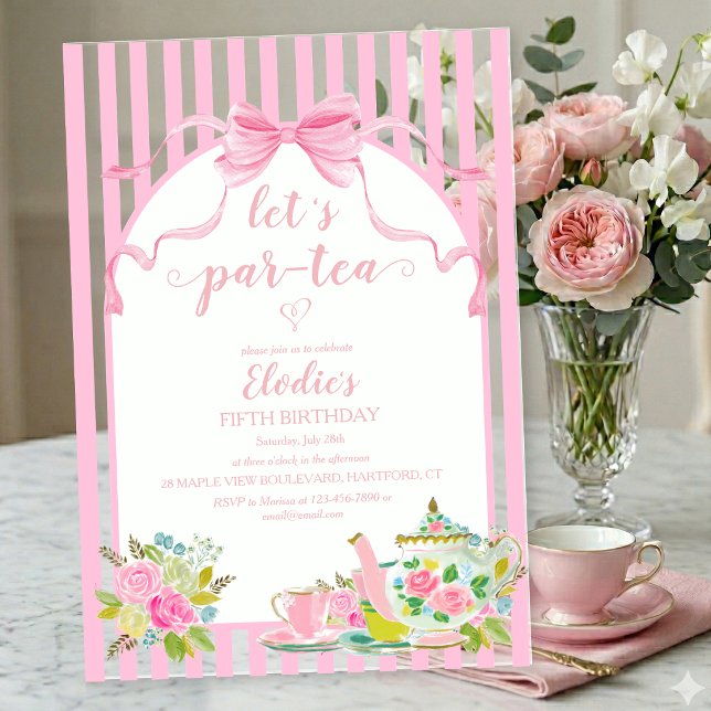 Invitaciones Acrílicas Pink Floral Stripe Let's Par-tea Birthday (let's par-tea pink coquette bow floral girl's birthday tea party invitation)