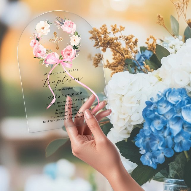 Invitaciones Acrílicas Pink floral wreath bow cross girl baptism arch (Subido por el creador)