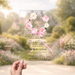 Invitaciones Acrílicas Pink floral wreath bow cross girl baptism clear