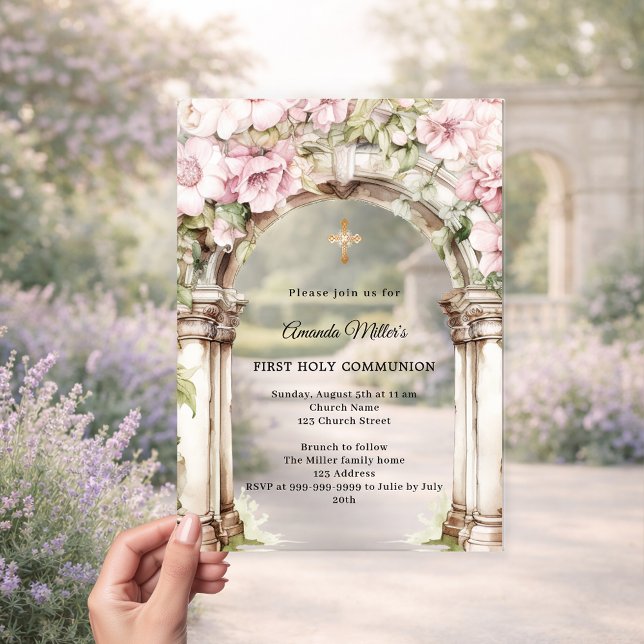 Invitaciones Acrílicas Pink florals arch girl First Communion clear (Subido por el creador)