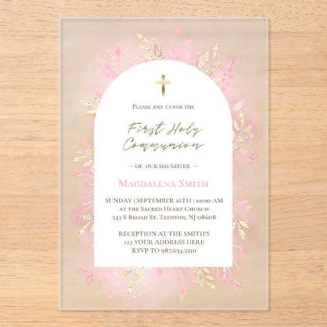 Invitaciones Acrílicas pink foliage First Holy Communion frosted  (Anverso)