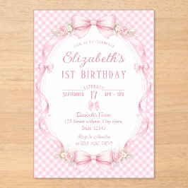 Invitaciones Acrílicas Pink Gingham Bow First Birthday
