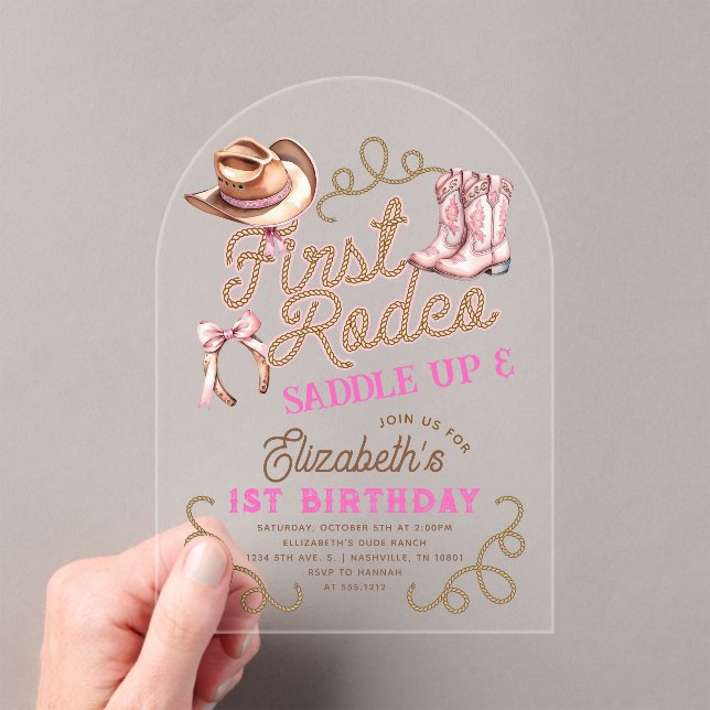 Invitaciones Acrílicas Pink Girls First Rodeo 1st Birthday (Insitu (portátil))