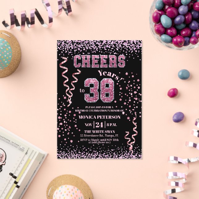 Invitaciones Acrílicas Pink Glitter Rhinestones 38th Birthday Party  (Insitu (Celebración))
