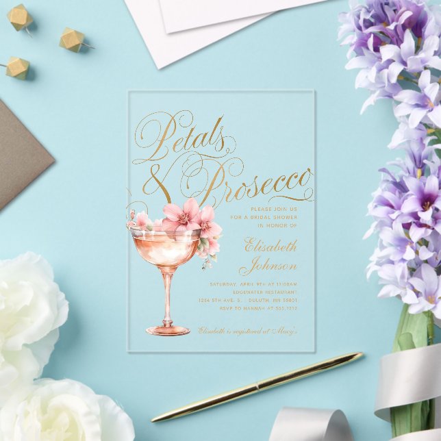 Invitaciones Acrílicas Pink Gold Floral Petals & Prosecco Bridal Shower (Insitu (Boda))