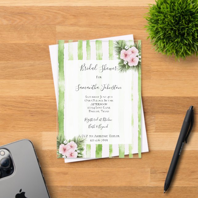 Invitaciones Acrílicas Pink Hibiscus Floral Green Stripes Bridal Shower (Insitu (Tarjeta de Invitación))