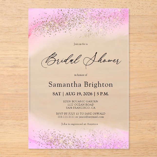 Invitaciones Acrílicas Pink Hues Gold Sparkles Brillante Shower (Anverso)