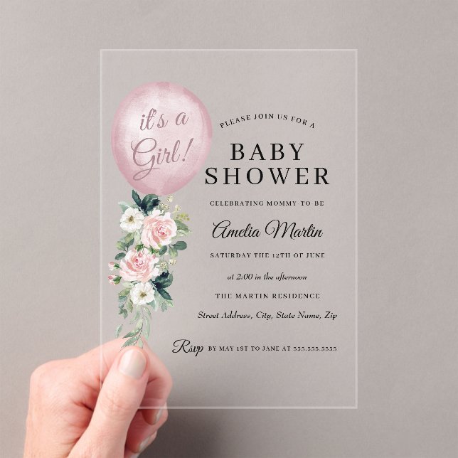 Invitaciones Acrílicas Pink It's a Chica Balloon Baby Shower (Insitu (portátil))