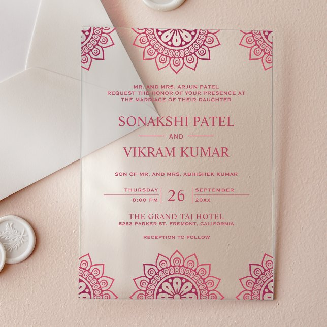 Invitaciones Acrílicas Pink Mandala Indian Wedding (Subido por el creador)