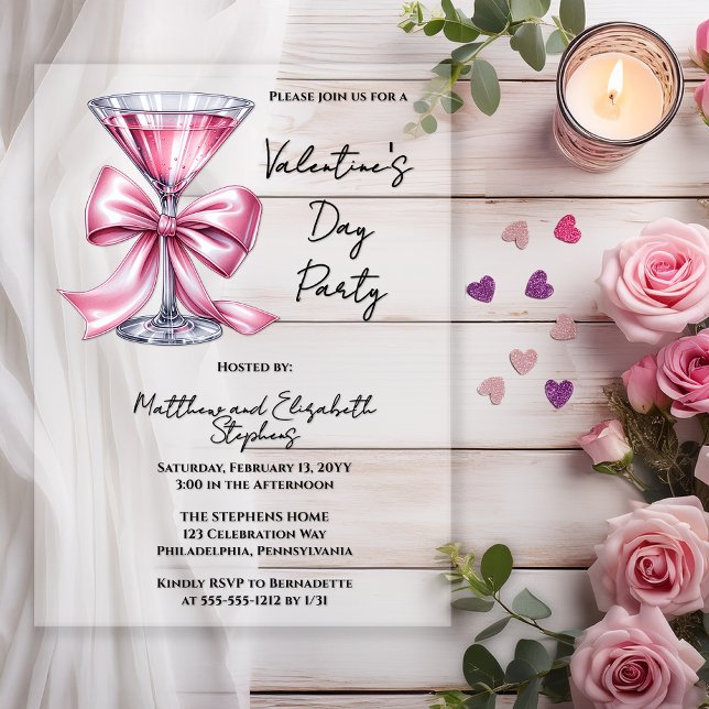 Invitaciones Acrílicas Pink Martini Coquette Bow Valantine's Day Party (Valentine’s Day Party Acrylic  Invitation | Pink Martini Bow Couple’s Valentine Invite )