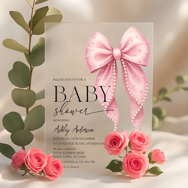 Invitaciones Acrílicas Pink Pearl Bow Girl Baby Shower (Subido por el creador)