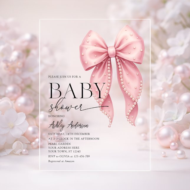 Invitaciones Acrílicas Pink Pearl Bow Girl Baby Shower (Subido por el creador)