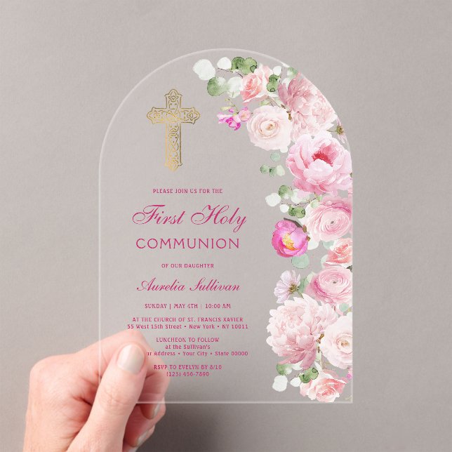 Invitaciones Acrílicas Pink Peonies Arch First Communion (Insitu (portátil))