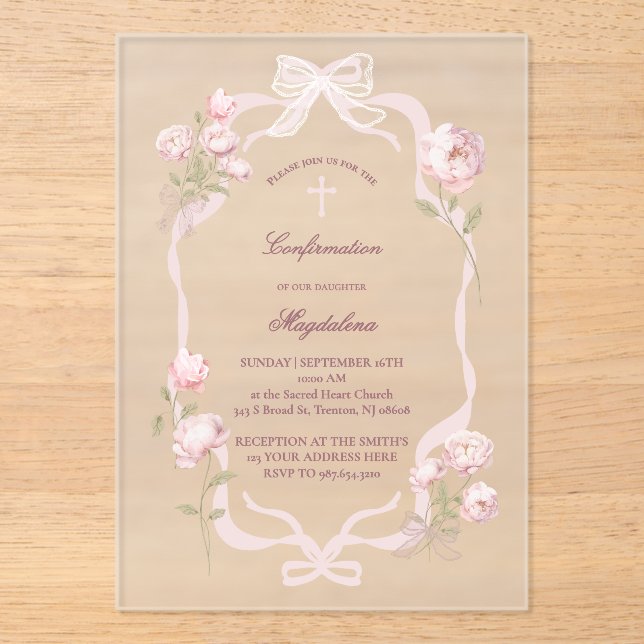 Invitaciones Acrílicas pink peonies Confirmation girl (Anverso)