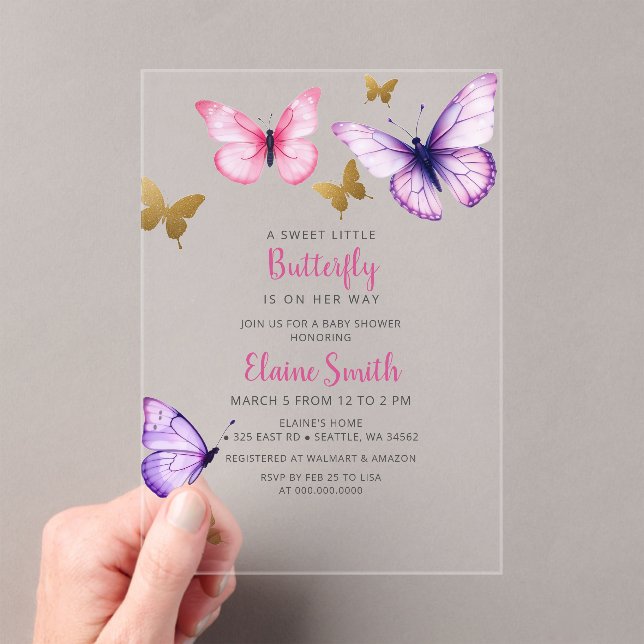 Invitaciones Acrílicas Pink Purple Gold Butterfly Baby Shower (Insitu (portátil))