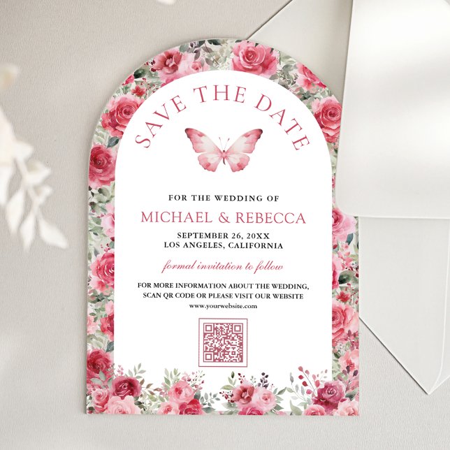 Invitaciones Acrílicas Pink Red Roses Butterfly Wedding Save the Date (Subido por el creador)