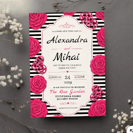 Invitaciones Acrílicas Pink Rose Black and White Stripe Floral 
