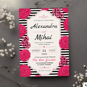 Invitaciones Acrílicas Pink Rose Black and White Stripe Floral