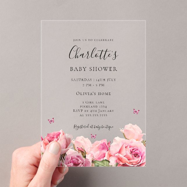 Invitaciones Acrílicas Pink Rose Butterfly Girl Baby Shower  (Insitu (portátil))