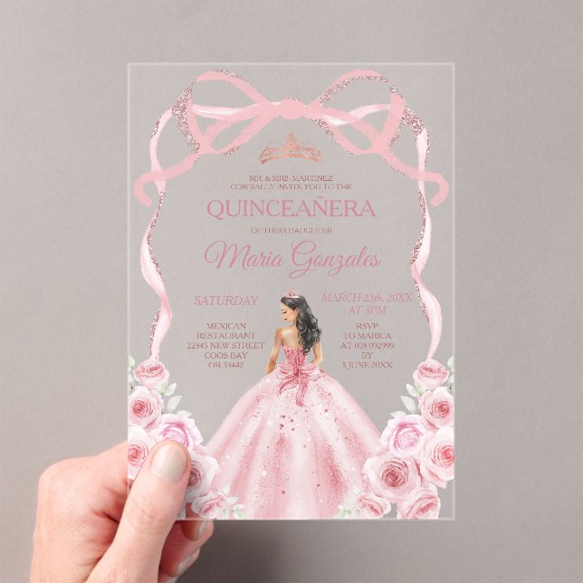 Invitaciones Acrílicas Pink Rose Gold Bow Crown Princess Girl Quinceañera (Insitu (portátil))