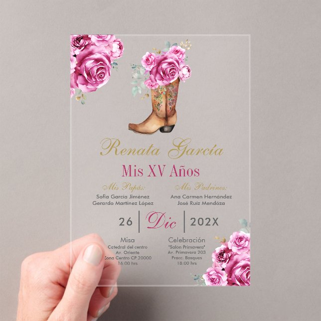 Invitaciones Acrílicas Pink rose with boot Quinceañera Invitation (Insitu (portátil))